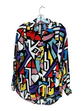 Abstract Colorful Button Up Blouse Retro Geometric Print Size M